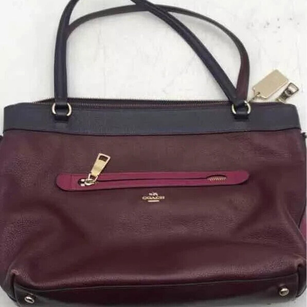 Coach Womens Burgundy Leather Inner Pockets Double Handle Zipper Tote Bag